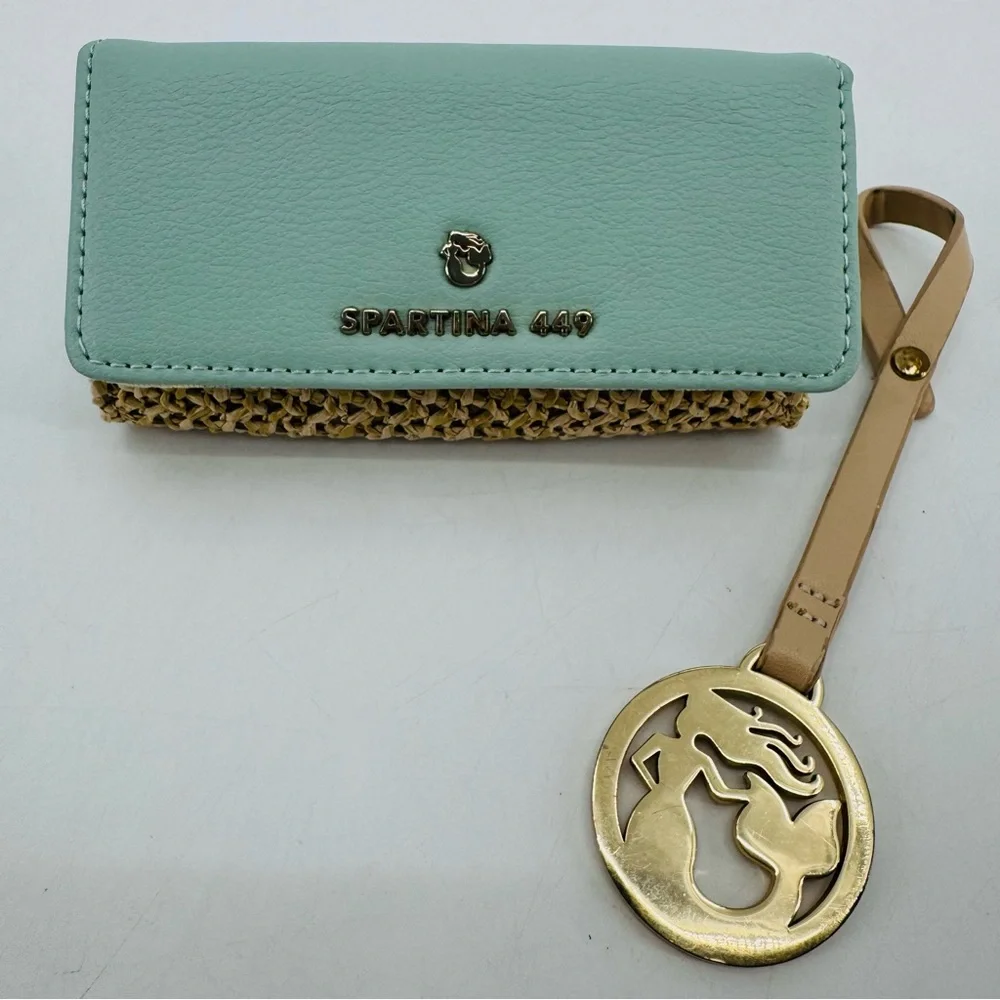 Spartina 449 Mint Leather Jute Mermaid Mirrored Cosmetic Case Keychain Tag Set